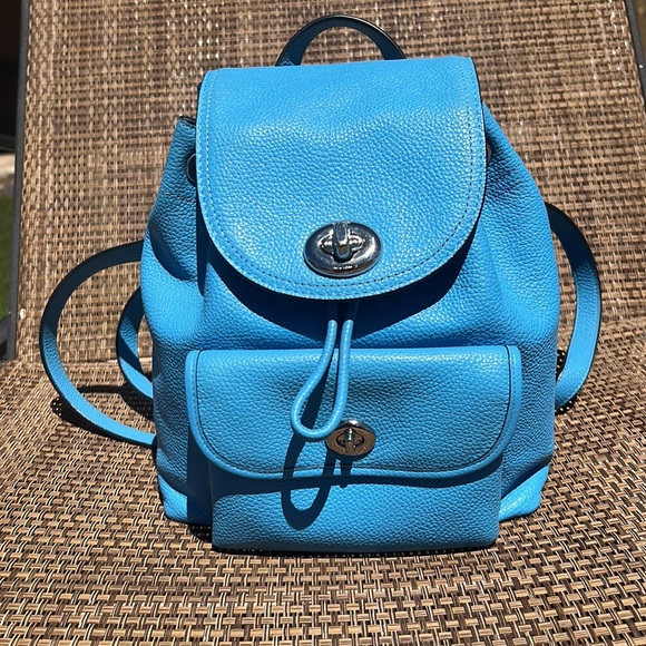 Coach Azure Blue Pebble Leather Silver Turn Lock Small Backpack - Picture 2 of 11